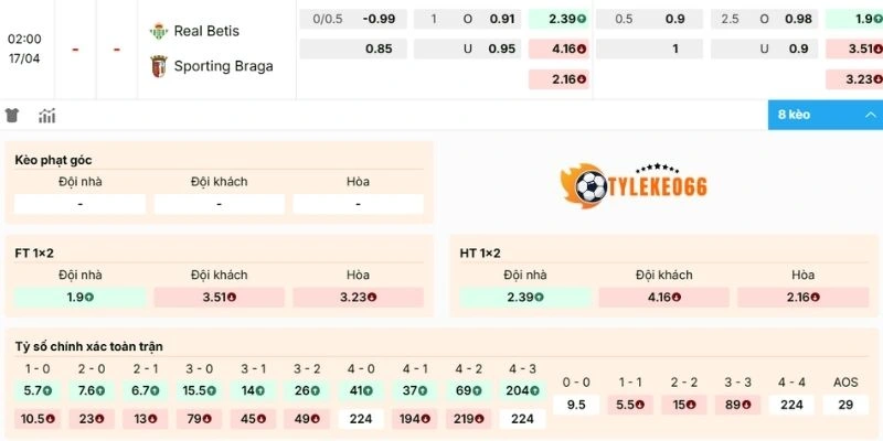Tỷ Lệ Kèo Nhà Cái Real Betis Vs Braga Hôm Nay Ngày 17/04/2026 - C2 2 Chốt kèo Real Betis vs Braga